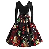 Weihnachtskleid Damen Weihnachts Langarm V-Ausschnitt Druck Vintage Kleid Partykleid Christmas Kostüm Cosplay Frauen Christmas Print Langarm 50er Jahre Kleid Weihnachtsmann Print Party Swing