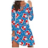 Alwayswin Weihnachten Langarm Kleid Damen Casual Lose Herbst Kleid Elegant Festlich Rot Kleider Printed V-Ausschnitt Weihnachtskleid Freizeitkleid Tshirt Tunika Kleid Blusenk