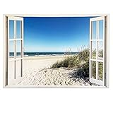 Leinwandbild mit Fensterblick - Druck auf Canvas Leinwand - moderner Kunstdruck - XXL Wandbild – Fenster mit Ausblick - Keilrahmen mit Druck (Ostsee Strand, 90 x 60 cm)