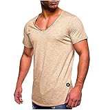 T-Shirt für Herren UK Yoga T-Shirt Pride Kurzarm V Ausschnitt Einfarbig Gym Tee Sportswear Tops Slim Atmungsaktiv Casual Bequem Shirt Zimmer Outdoor Gym, beige, L