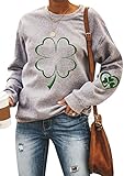 EFOFEI Damen Frühling Herbst Langarm Top Grünes Batik Sweatshirt Graues All-Match Sweatshirt Vierblättriges Kleeblatt L