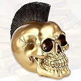 Deko Totenkopf Golden Death Punk'' - Goldener Totenschädel mit Irokese Frisur - Skull Figur Punk Dek
