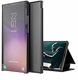 TYWZ Hülle für Samsung Galaxy A22 4G,Flip Transluzent View Mirror Spiegel Schutzhülle Intelligenten Tasche Standfunktion Smart Cover-Schw