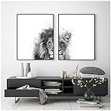 artppolr 2 Stück Abstrakter Löwe und Löwin Tier Leinwand Druck Schwarz Weiß Gemälde Poster Kinderzimmer Wandkunst Bilder Wohnzimmer Dekor 50x70cm Kein R