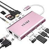 YLSCI USB C HUB, 11 in 1 Docking Station USB C Adapter, 2 x USB 2.0, 2 x USB 3.0, USB C, HDMI, VGA, RJ45, SD/TF Karteleser und Audio, rosa G