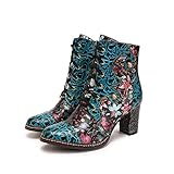 CrazycatZ Damen Stiefeletten mit Absatz Leder Chelsea Kurze Stiefel Bunte Patchwork Blumen Stiefeletten (Green, numeric_38)