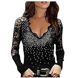 Oberteil Damen Spitze Printed Sexy Sexy Sling Langarm Top Große Größen Lässige Hemdbluse Slim Elegant T-Shirt Basic Longsleeve Langarmshirt V-Ausschnitt Freizeittop