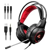 LYCANDER Gaming-Headset mit Mikrofon und LED-Licht, 3,5 mm Eingang, für PC, PS4, Xbox One, Nintendo Switch und mehr (Essential - Schwarz und Rot)