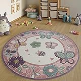 Paco Home Kinderteppich Rund XXL 180 cm Ø 160 cm Ø 120 cm Ø Blumen Schmetterling Rosa, Grösse:Ø 120 cm R