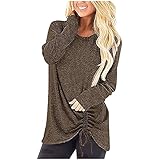 Langarm-T-Shirt, Damen, modisch, Rundhalsausschnitt, langärmelig, Tunika, T-Shirt, Teenager, Mädchen, lässig, locker, bequem, weich, Sommer, einfarbiges T-Shirt mit Kordelzug, coffee, X-Larg