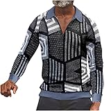 Modische Poloshirts für Herren, langärmelig, Umlegekragen, Knopfleiste, bedrucktes Sweatshirt, gestreifter Druck, ethnisch, Opa, Oberteil, Übergröße, lockere Passform, blau, XXXXX-Larg