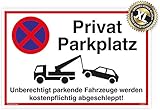 Großes Schild Privat Parkplatz | Alu 42 x 30 cm | Unberechtigt parkende Fahrzeuge Werden kostenpflichtig abgeschleppt! weiß | stabiles Alu Schild mit UV-Schutz | Privat Parkplatzschild | Dreifke®