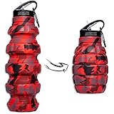Raigeki Fitness Faltbare Trinkflasche Granate 580ml, BPA-Frei, Wasserflasche auslaufsicher, aus Silikon lebensmittelecht, Sportflasche für Fahrrad, Sport, Festival mit Karabinerhaken + Trainingsp