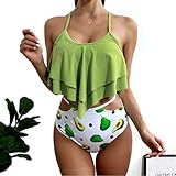Damen-Bikini-Set mit Bauchkontrolle, tropischer Druck, gerüschter Neckholder, Bademode, Übergröße, Badeanzug, hohe Taille, zweiteiliger Badeanzug, Strand-Badeanzug, Bikini-Set Gr. 52,