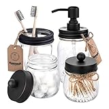 Mason Jar Badezimmer-Zubehör-Set – inklusive Seifenspender und Qtip Halter Set – Rustikale Bauernhaus-Deko, Apothekergläser, Badezimmer-Arbeitsplatte und Kosmetik-Org