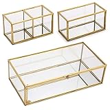 SUMTree Vintage Schmuckkästen aus Metall und Glas,3 Schmuckbox Schmuckhalter Schmuckholder Schreibtisch Organizer Make-up-Pinsel Halter,für Schmuck von Damen Ring Schmuckaufbewahrung(Golden,Rechteck)