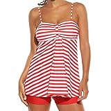 YEBIRAL Bademode Damen Bauchweg Elegante Gedruckt Badeanzüge Tankini Große Größen Bikini-Sets mit Hotpants Badebekleidung Zweiteilig mit Streifen S-XXXXXL(XXXXXL,Rot)