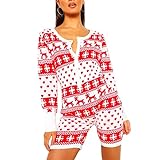 Onesie Schlafanzug für Frauen Weihnachten Schlafanzug Strampler Langarm Sexy Jumpsuit Weihnachten Shorts Bodysuit (Weiß, Groß)