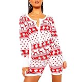 Onesie Schlafanzug für Frauen Weihnachten Schlafanzug Strampler Langarm Sexy Jumpsuit Weihnachten Shorts Bodysuit (Weiß, Groß)