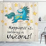 ABAKUHAUS Einhorn Duschvorhang, Zitat Glück für Kinder, Bakterie Schimmel Resistent inkl. 12 Haken Waschbar Stielvoller Digitaldruck, 175 x 200 cm, Blau Gelb