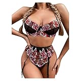 JISHII Dessous-Sets für Damen Farbschreibweise Spitzenborte Stickerei Transparent Durchsichtige Hosenträger Vollschalen Softschalen BHs mit 1PC Taillenslips 1PC Strumpfhalter Dreiteilige S