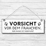 Vorsicht vor dem Frauchen Der Hund ist harmlos - Dekoschild Türschild Wandschild aus Holz 10x30cm - Holzdeko Holzbild Deko S