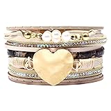 Eyccier Frauen Armband Herz Multi Layer Leder Armband Armreifen Schmuck Mit Pearl Beige Geburtstag Valentines Geschenk
