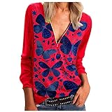 Notinzo Damen Bluse Tops Langarm Slim Fit T-Shirt mit Reißverschluss V-Ausschnitt mit Schmetterling Print, rot, S