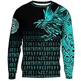 LMCLJJ Wikinger KräHe TäTowierung Kapuzenpullover Sweatshirt T Shirt, Nordisch Odin Rune Kompass 3D Digital Gedruckter Kleidung, Unisex Lange äRmel Jacke Sportbekleidung,Blue Sweater,XL