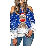 ZYUD Langarmshirt Schulterfrei Oberteil Damen Christmas Sweater Pullover Sexy Cold Shoulder Pullover Damen Tshirt Damen Langarm Pulli Hemd Damen Bluse Kalte Schulter Basic Shirt Langarm t-S