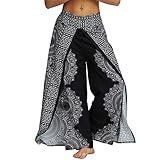 Nuofengkudu Damen Hippie Lange Hosen mit Schlitz Lockere Weites Bein Pumphosen Yogahose Leichte Luftige Elegant Sommerhose Leicht Freizeit Strand Urlaub (Schwarz Floral A,L/XL)