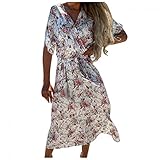 Elegant Ballkleider Damen Abendkleider V-Ausschnitt Blumen Kurzarm Kleid Lange Lose Casual Party Kleider Strandkleider Lang Etuikleider A-Linie Knielang Sommerkleid Partykleid Figurb