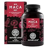 NATURE LOVE® Bio Maca - 180 Kapseln - 3000 mg Bio Maca rot pro Tagesdosis - Mit natürlichem Vitamin C, ohne Zusätze wie Stearat - Zertifiziert Bio, hochdosiert, vegan, in Deutschland p