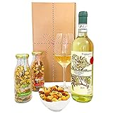 Geschenkset Toskana | Italien Geschenkkorb mit Wein und 2x Nussmischungen im Glas | Italienischer Präsentkorb mit Weißwein für Weinliebhab