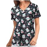 KOUYA KurzäRmeliges Weihnachten Schlupfhemd KasackV-Ausschnitt Damen Uniform Motiv Kurzarm Krankenhausuniform Schlupfhemd T-Shirt Mit Taschen Arbeitskleidung Krankenschwester Berufskleidung