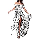 Damen Kleider Off Shoulder Chiffon Kurzarm sexy langes Kleid Geteilte Gabel A-Linie Schulterfrei Ärmellos Sommerk