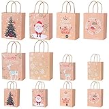 YILEEY 12 STK Papiertüten Weihnachts Kraft Geschenktüten mit Henkel, Papiertüten Braun 6 Muster für Geschenke Mitgebsel Süßigkeiten Schal Apfel Party für Weihnachtsgeschenke Geschenk