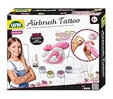 Lena 42443 - Airbrush Tattoo Studio mit 100 Schablonen und 4 Glitter Farben, Sprüh Set für Glitzer Tattoos auf der Haut, Spraystift Station für Bunte Kindertattoos, Tattooset für Kinder ab 8 J