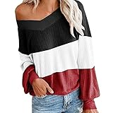 PEOD Damen Pulli Herbst Winter Sexy Langarm V-Ausschnitt Farbblock Schulterfrei Lose Strickhemd Strick Pullover Sweatshirt Damen Elegant Große Größe Lose Strickshirt Tunika Crop Tops Bluse Ob