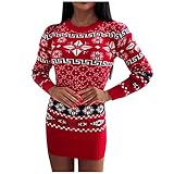 Damen Weihnachtskleid Rundhalsausschnitt Strickpulli Sweater Mit Weihnachtsmotiv Muster Frauen Weihnachten Langarm A Line Kleid Gedruckt Party Ausgestelltes Swing Kleid Sweatshirt Winterp