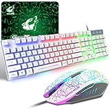 Gaming Tastatur Und Maus Set, QWERTZ German Layout Regenbogen LED Hintergrundbeleuchtung Ergonomische Keyboard 6 Tasten 2400 DPI Maus und Mauspad, USB Verkabelt, Kompatibel mit PS4 Xbox, Weiß