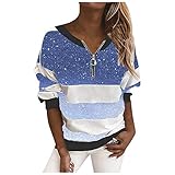 Xmiral Pullover Damen Sternenhimmel Gedruckt Gestreifte Langarm-Reißverschluss T-Shirt Bluse mit V-Ausschnitt(Blau,XL)