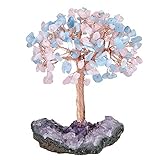 KYEYGWO Rosenquarz & Aquamarine Reiki Heilung Kristallbaum auf Natürlichen Amethyst Drusensegment Rohstück Base, Stein Geldbaum Feng Shui Bonsai Baum Figuren Ornament Haus Deko für Glück, R