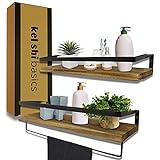 KelShiBasics Schweberegal 2er Set - Wandregal aus Holz und Metall für Küche und Badezimmer - Industrial Design Hängeregal mit extra Handtuchhalter - 43 x 14,5 x 7 cm - Schw