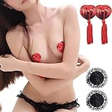 Brustpaste selbstklebend Pasties Pailletten Nippel Cover Aufkleber mit Quaste Dessous Brust Blütenblatt Pasty 4 Styles-schwarz (1 Paar Rot Pailletten Herz Quaste + 1 Paar Spitze)