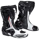 FLM Motorradschuhe, Motorradstiefel lang Motorradschuhe, Knöchelschutz, Belüftungssystem, Lüftungsschlitze, griffige Gummisohle, antimikrobielle Funktion, hochschlagfeste Schienbeinplatte, Weiß 46