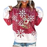 yiouyisheng Weihnachtspullover Damen Weihnachts Sweatshirt Schneeflocke Rentier Drucken Weihnachten Pullover Teenager Mädchen Christmas Sweater Xmas Jumper Rundhals Weihnachtspulli Ob
