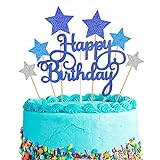 Happy Birthday Tortendeko Geburtstag, Kuchendeko Girlande Cake Torten Kuchen Topper, Silber Sterne Cupcake Tortenstecker für Junge Mann Mädchen Frau Kinder Geburtstag Taufe Party Glitzer Deko (Blau)