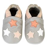 IceUnicorn Baby Lauflernschuhe Jungen Mädchen Weicher Leder Krabbelschuhe Kleinkind Babyhausschuhe Rutschfesten Wildledersohlen(Hellgrauer Stern, 12-18 Monate)