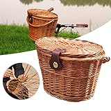 Settoo Vintage Wicker Fahrradkorb für Hund Vorne mit braunem Lederband,für Kleine Haustiere, Katzen, Hunde(33x25x24cm)